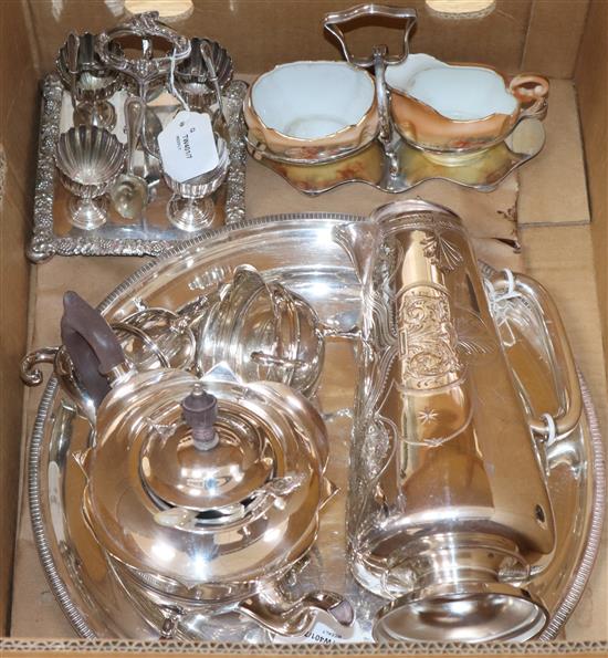 A group of plated items, including an egg waiter, a three-piece teaset, a tray etc.